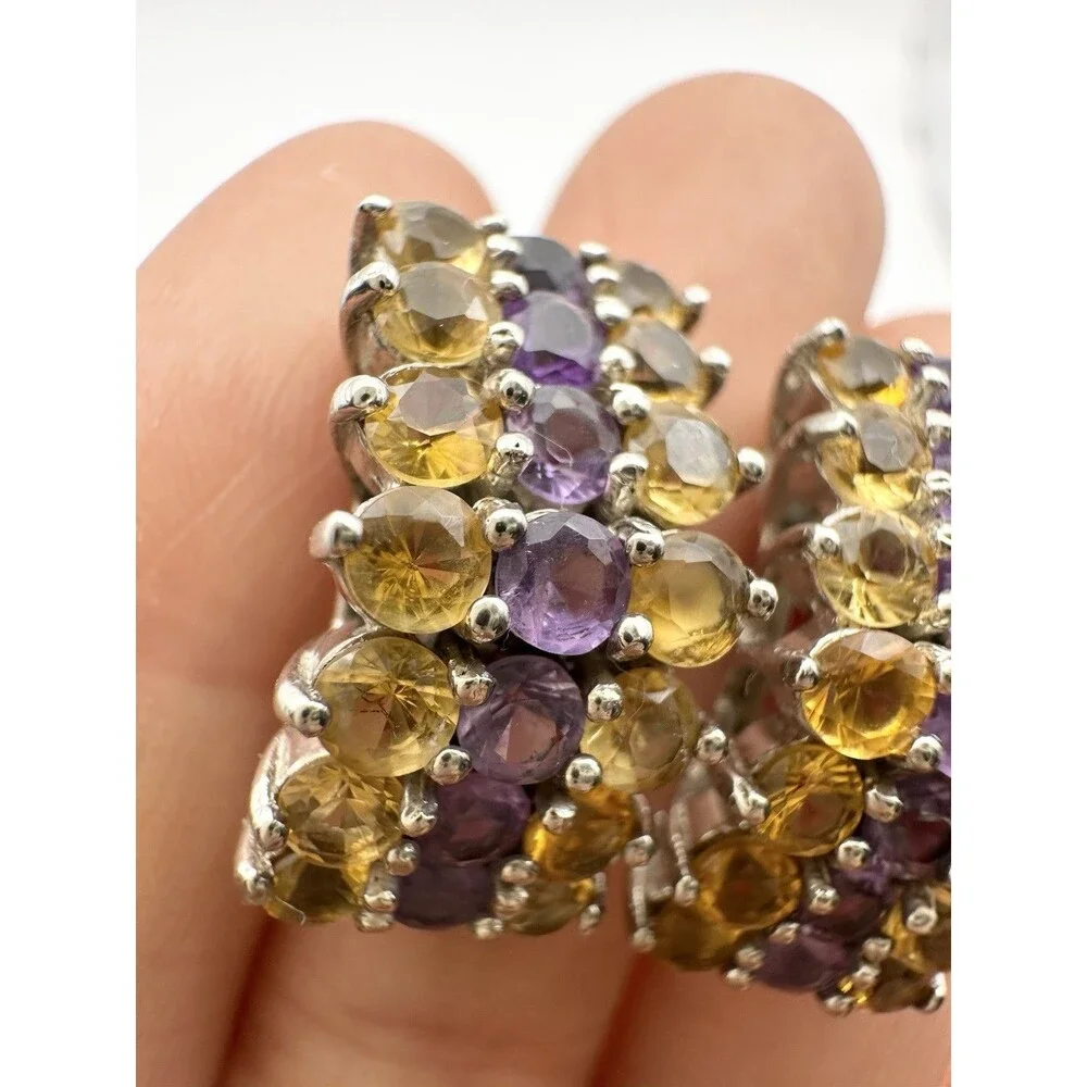 925 Sterling Silver Citrine Amethyst Earrings Half Hoop Post